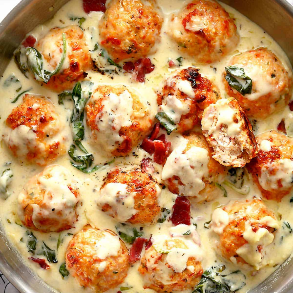 Baked Chicken Ricotta Meatballs with Spinach Alfredo Sauce Recipe