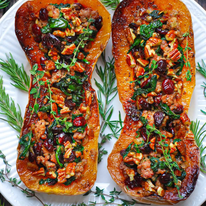 Sausage Stuffed Butternut Squash with Spinach, Pecans, and Cranberries ...