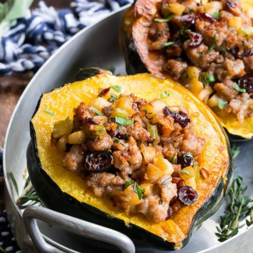 Stuffed Acorn Squash with Sausage, Apples and Cranberries Recipe ...