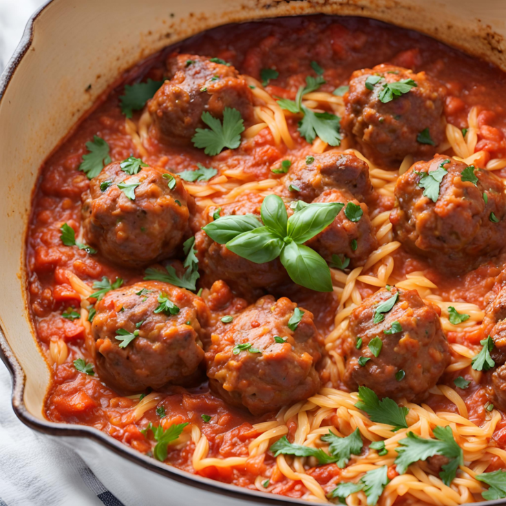 Baked Meatballs with Orzo in Roasted Pepper Sauce