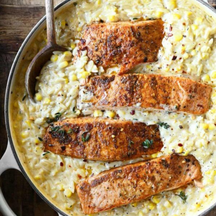 Creamed Corn Orzo with Salmon