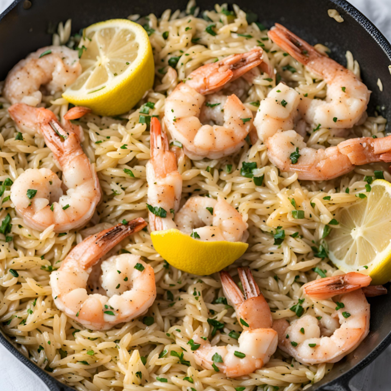 One Skillet Lemon Pepper Shrimp and Orzo