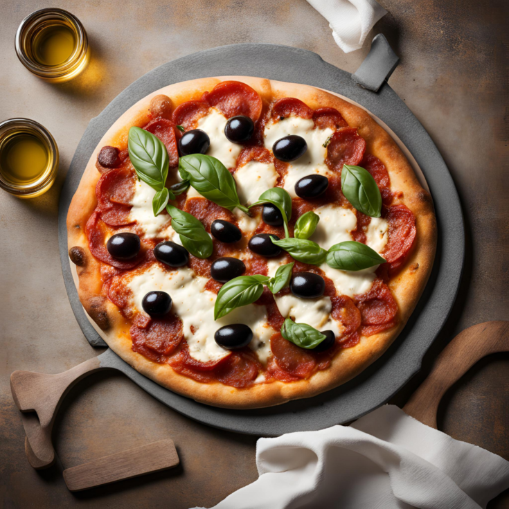 Pepperoni Pizza With Hot Honey Ricotta Olives and Basil