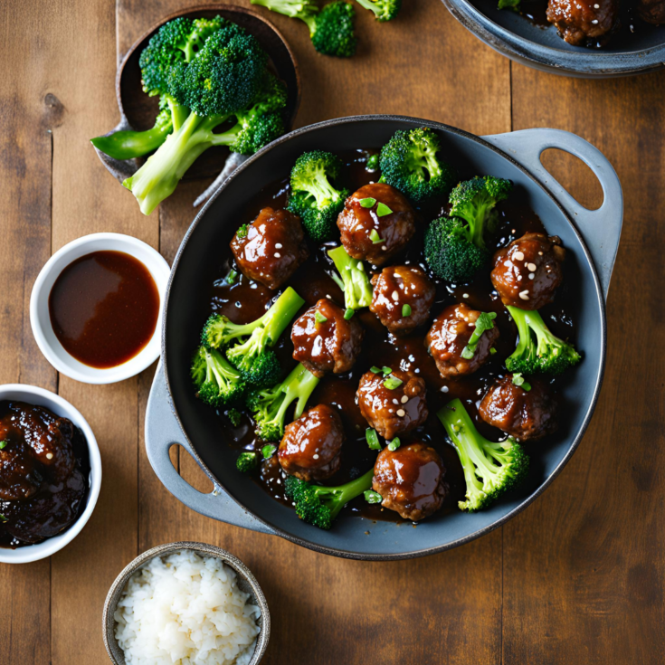 Sticky Mongolian Meatballs and Broccoli