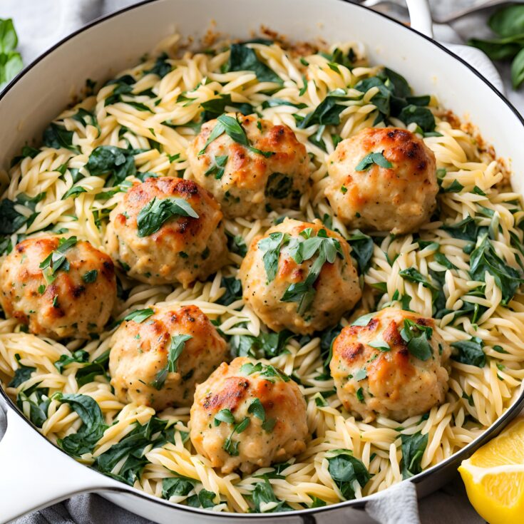 Baked Lemon Butter Chicken Meatballs with Creamy Spinach Orzo Recipe