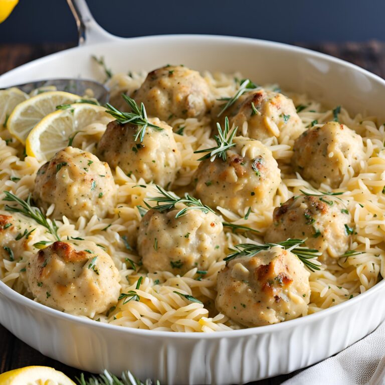 Baked Lemon Rosemary Chicken Meatballs and Creamy Orzo Recipe