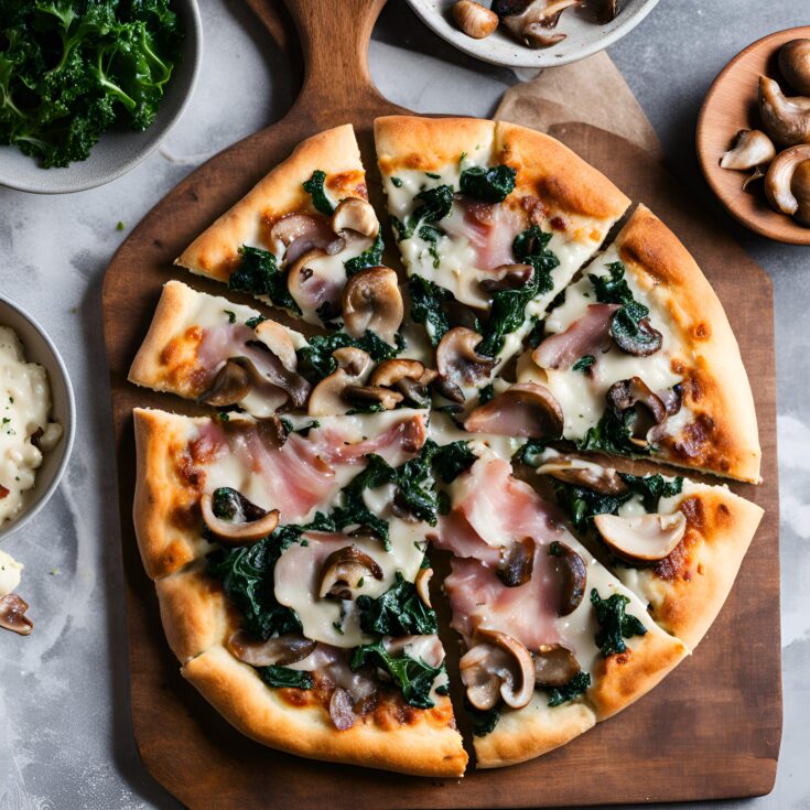 Creamy White Sauce Pizza with Prosciutto Caramelized Onions Mushrooms and Kale