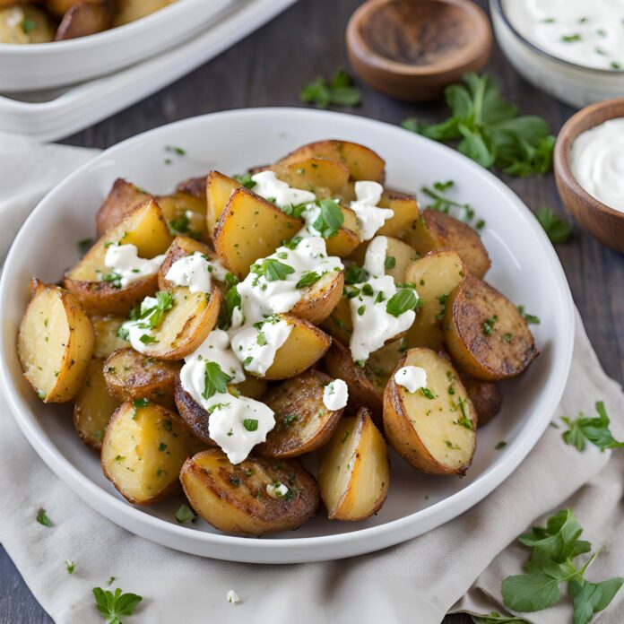Crispy Oregano Roasted Potatoes with Creamy Feta Sauce