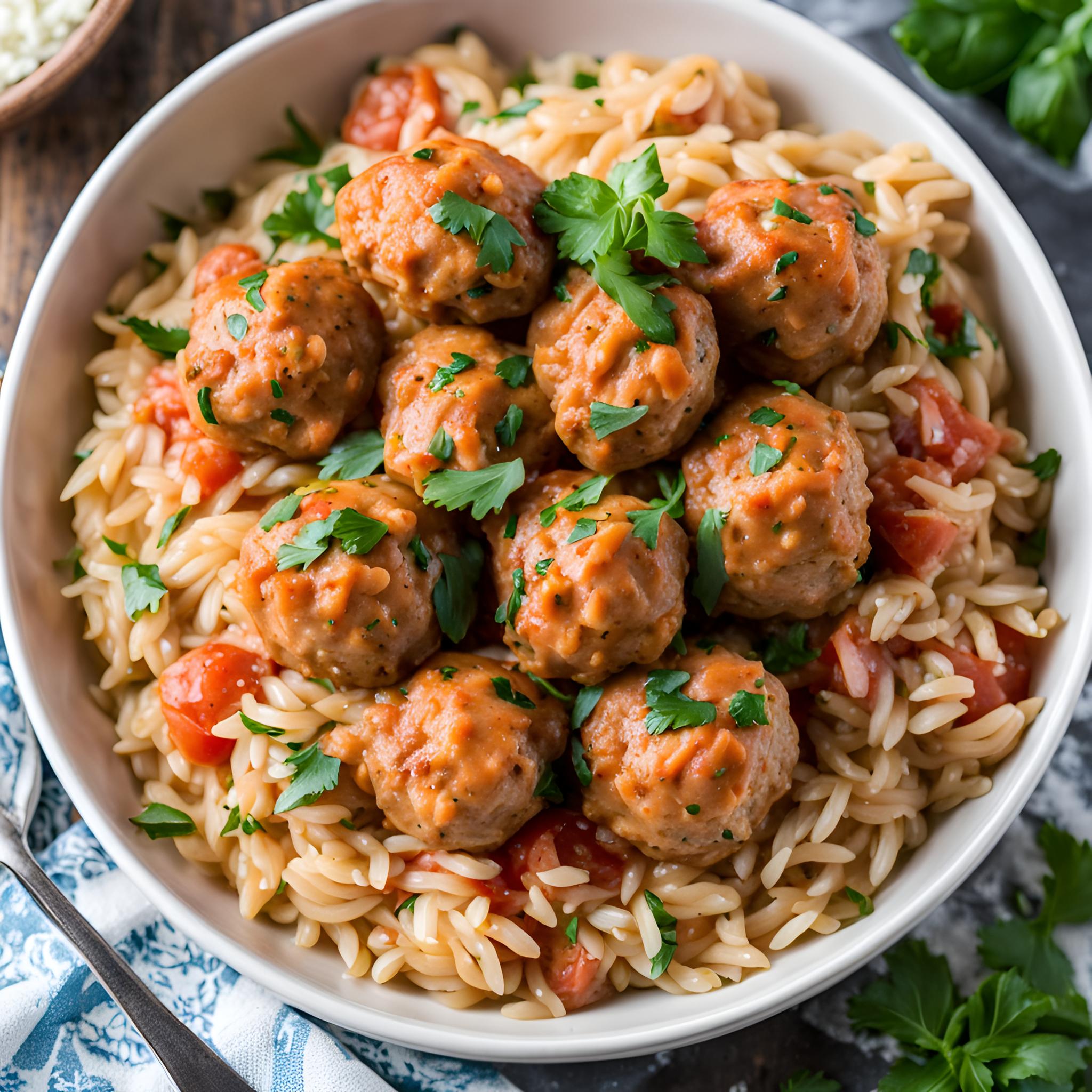 Crockpot Greek Chicken Meatballs with Creamy Tomato Orzo