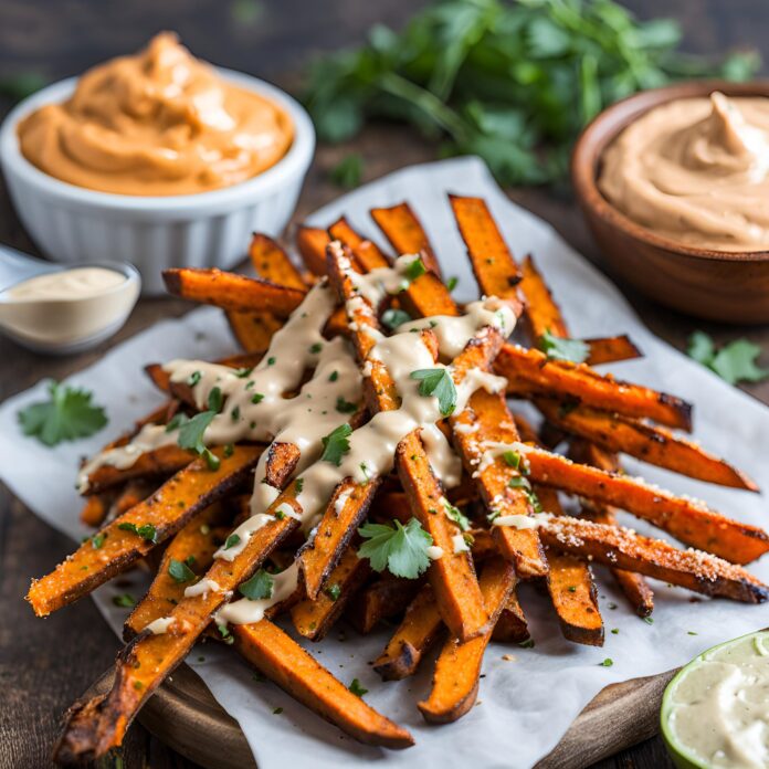 Garlic Parmesan Sweet Potato Fries with Spicy Aioli