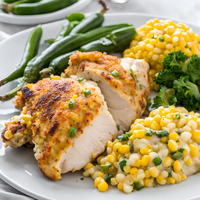 Jalapeño Cheddar Stuffed Chicken with Creamed Corn