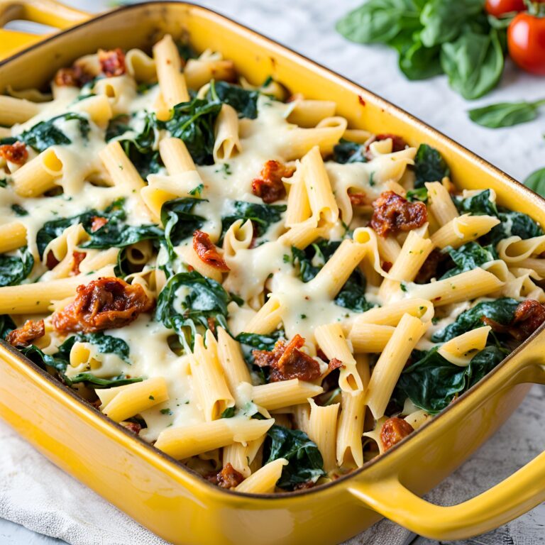 One Pan 4 Cheese Sun-Dried Tomato and Spinach Pasta Bake