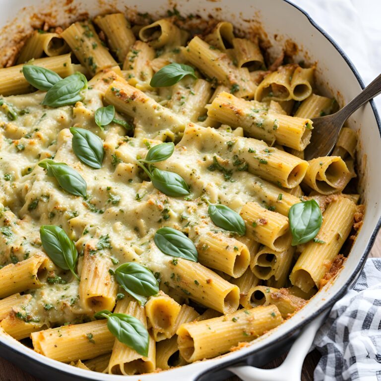 One Pot Spicy Pesto Cheese Baked Rigatoni Recipe