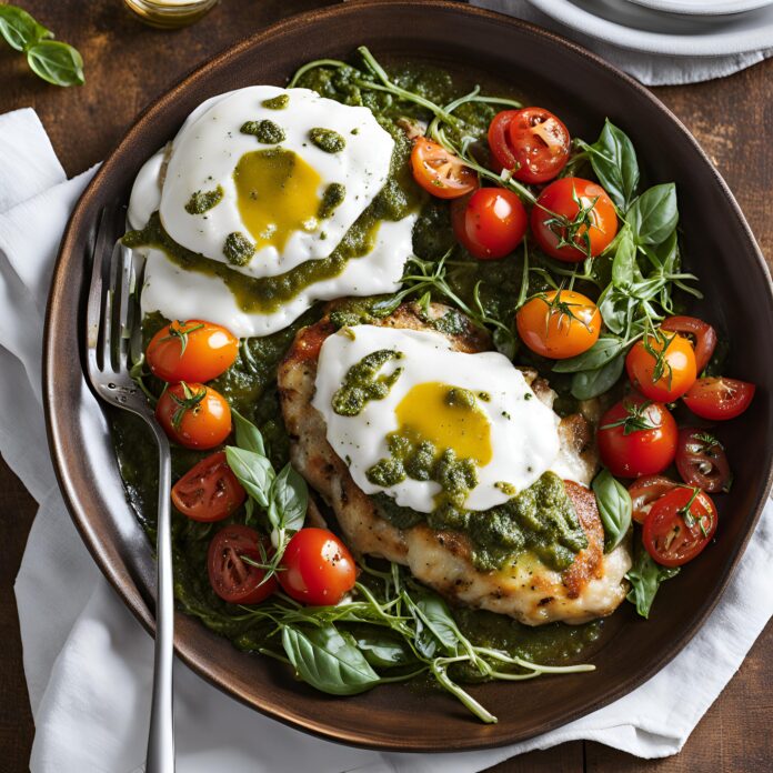 Pesto Chicken Saltimbocca with Burst Tomatoes and Burrata