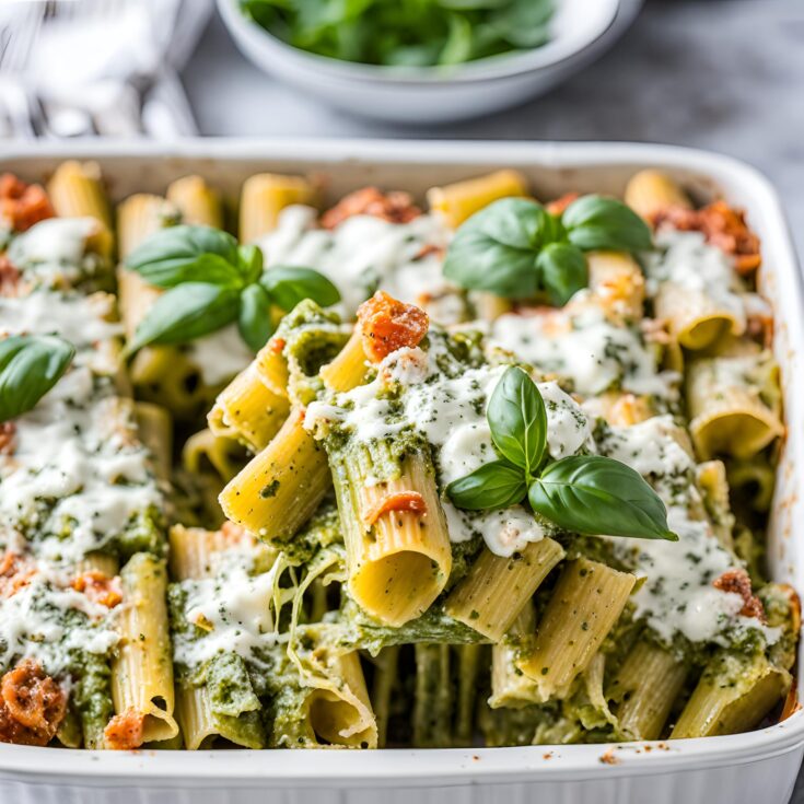 Pesto Rigatoni Pasta Bake with Ricotta Cheese