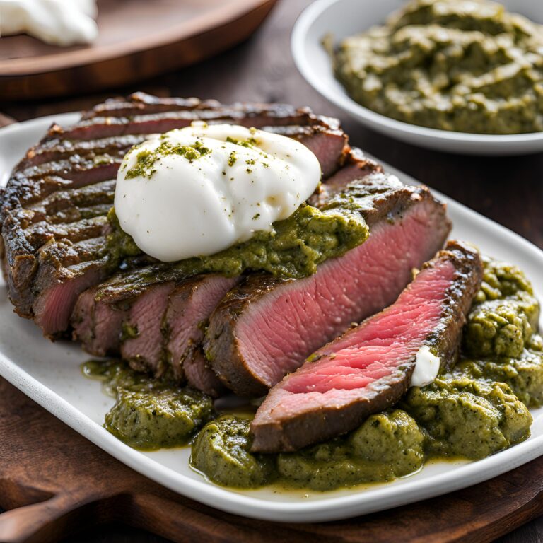 Pesto Steak (Grilled Flank Steak with Burrata & Pesto)