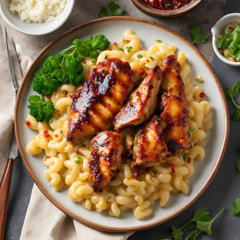 Sweet and Spicy Honey Pepper Chicken with Creamy Macaroni Cheese