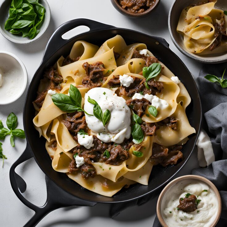 Tender Braised Beef Pappardelle with Creamy Burrata