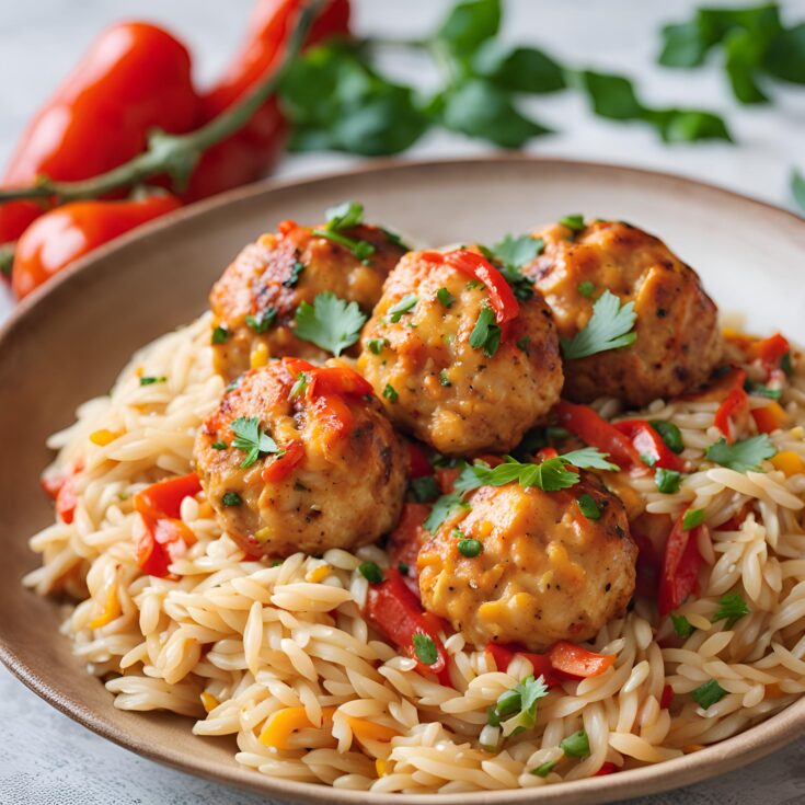 Chicken Meatballs with Orzo and Peppers