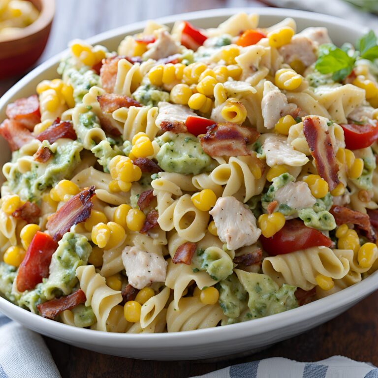 Chicken and Corn Pasta Salad with Bacon, Bell Peppers, and Creamy Pesto Dressing Recipe