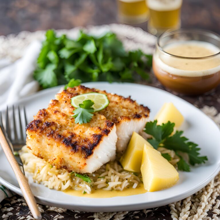 Coconut Crusted Mahi-Mahi with Pineapple Beer Butter Sauce