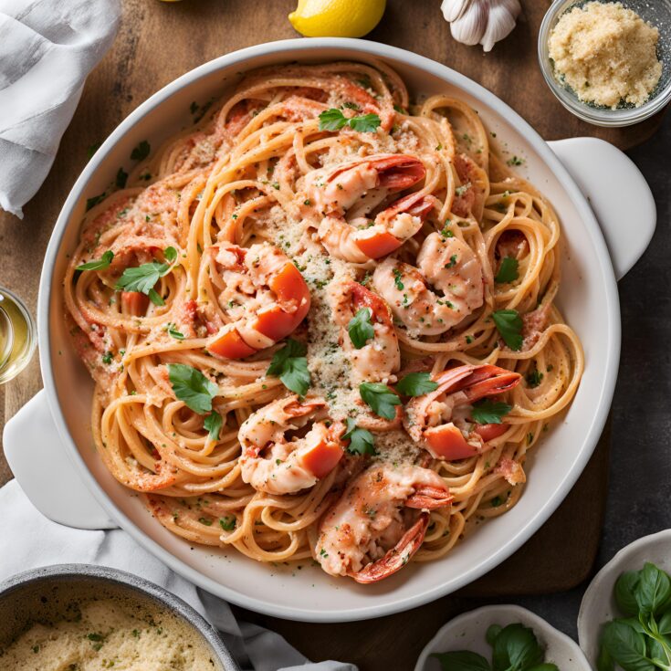 Creamy Tomato Lobster Linguine with Garlic Breadcrumbs