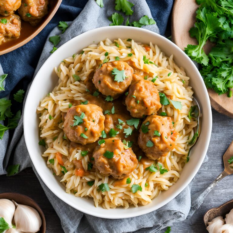 Crockpot Garlic Butter Chicken Meatballs with Creamy Orzo