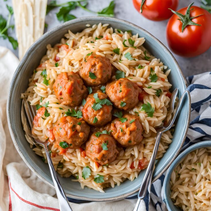 Crockpot Greek Chicken Meatballs with Creamy Tomato Orzo