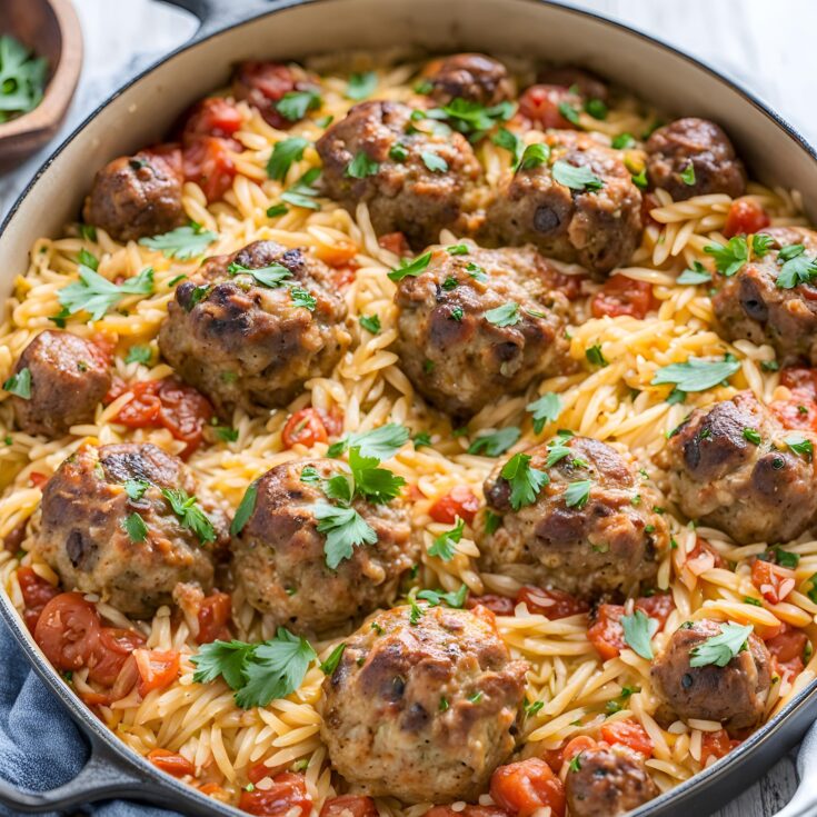 One Pan Greek Baked Orzo with Meatballs Recipe