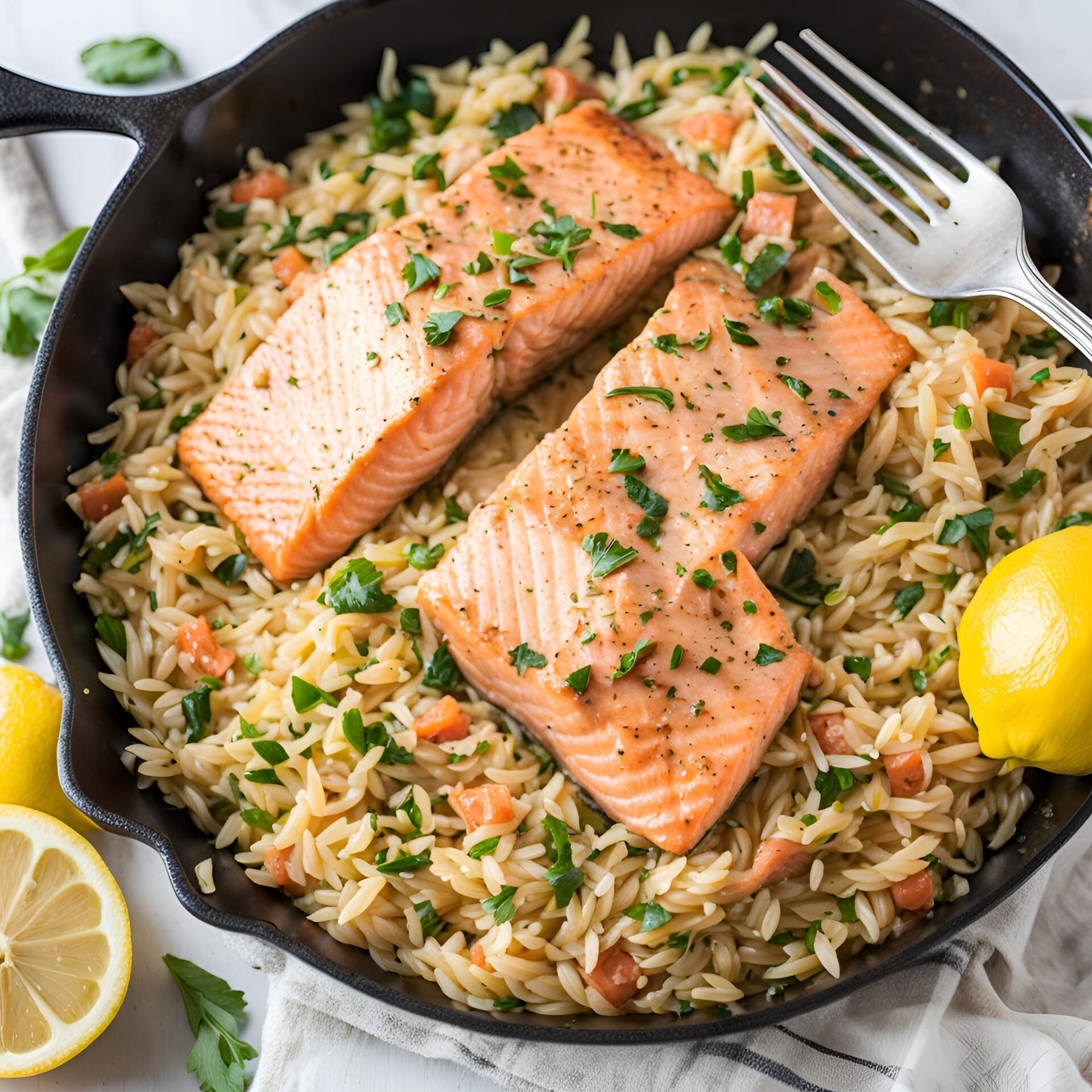 One Skillet Salmon with Lemon Orzo Recipe | Cheff Recipes