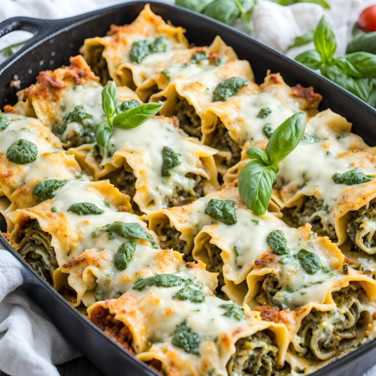 Simple Skillet Pesto Cheese Lasagna Roll Ups