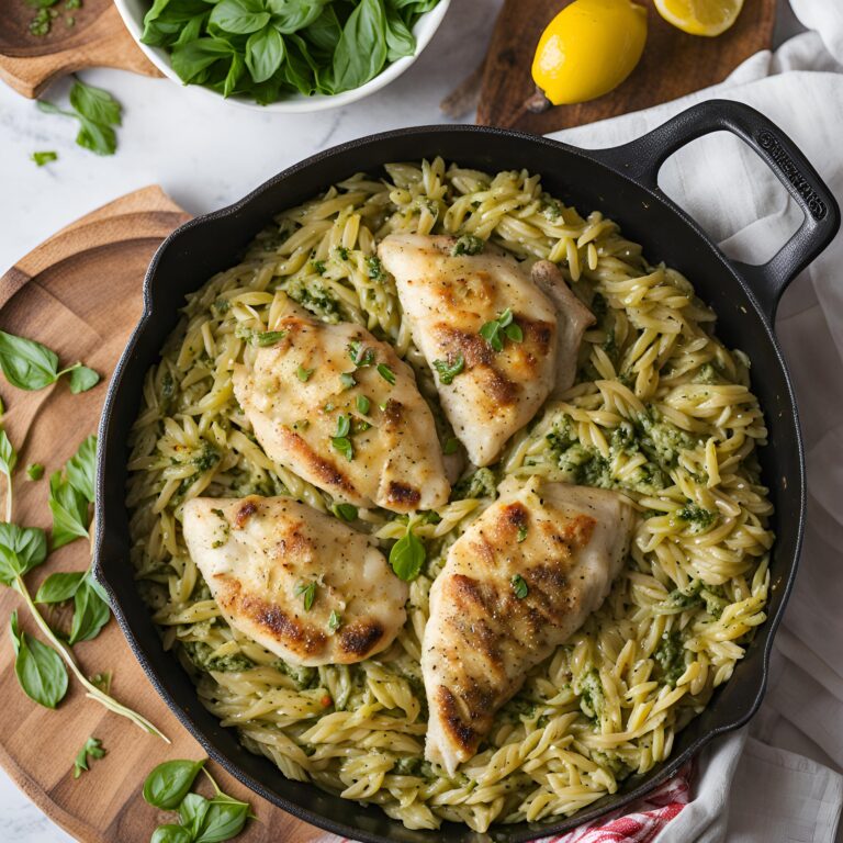 Skillet White Pesto Chicken and Orzo Recipe