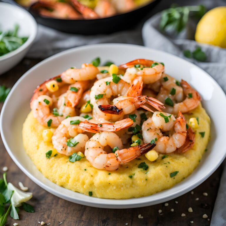 Spicy Garlic Lemon Butter Shrimp with Parmesan Corn Polenta