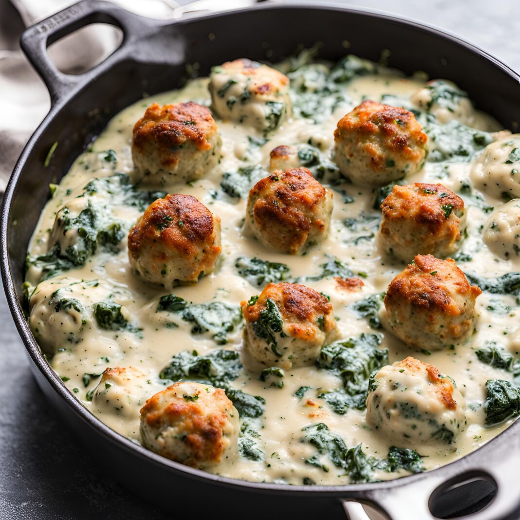 Baked Chicken Ricotta Meatballs Recipe with Spinach Alfredo Sauce ...