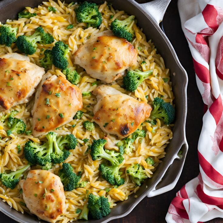 Skillet Chicken Thighs with Broccoli Cheddar Orzo Recipe