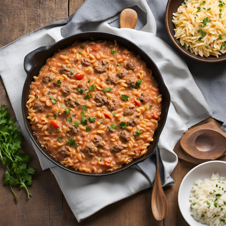 Ground Beef Orzo with Tomato Cream Sauce Recipe