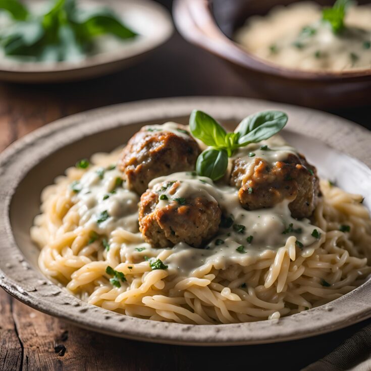 Parmesan Meatballs and Orzo in Mozzarella Basil Cream Sauce Recipe