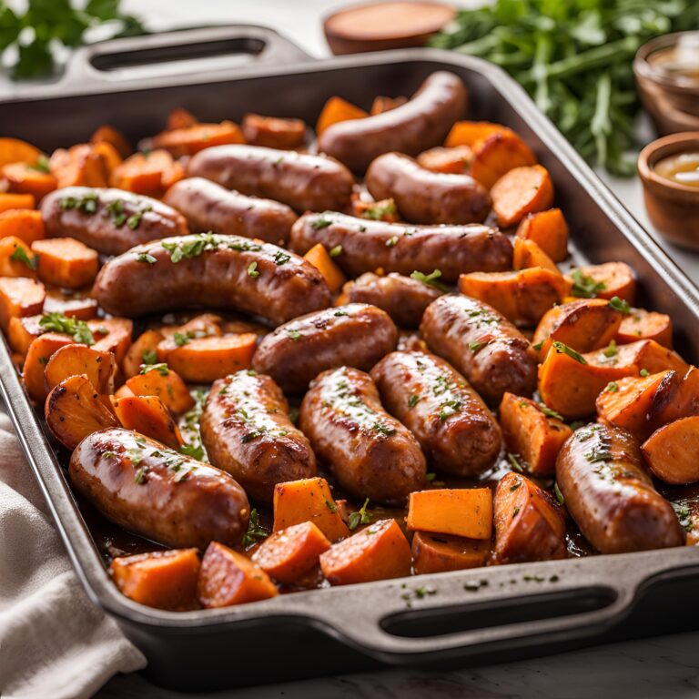 Sheet Pan Sausage and Sweet Potatoes with Honey Garlic Sauce Recipe