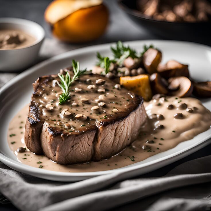 Steak with Creamy Mushroom Peppercorn Sauce Recipe