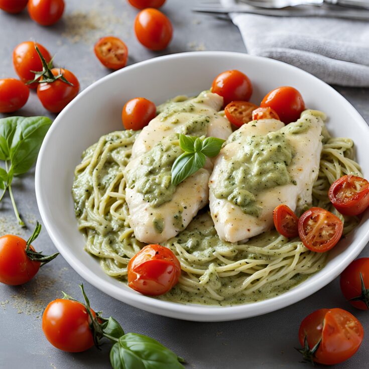 Creamy Pesto Chicken with Roasted Tomatoes Recipe