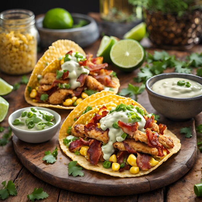 Fried Chicken Street Corn Tacos with Bacon and Jalapeño Lime Ranch Recipe
