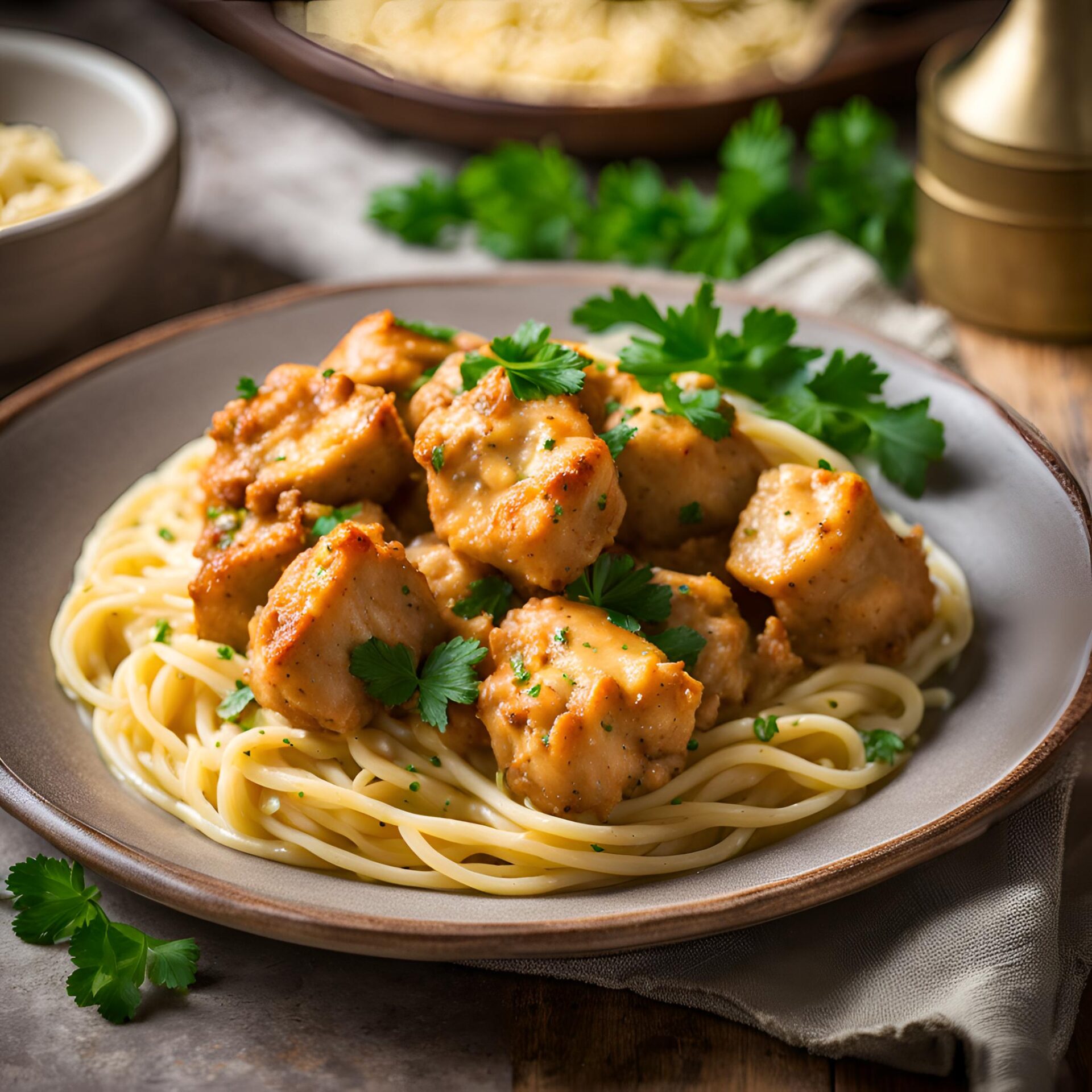 View of Garlic Butter Chicken Bites with Creamy Parmesan Pasta Recipe | Cheff ...