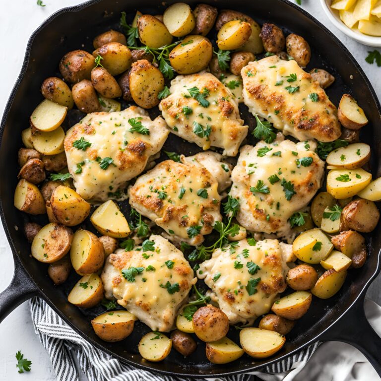 Cheesy Skillet Garlic Parmesan Chicken and Potatoes Recipe