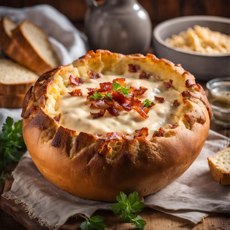 Baked Bacon Cheese Dip in a Bread Bowl Recipe