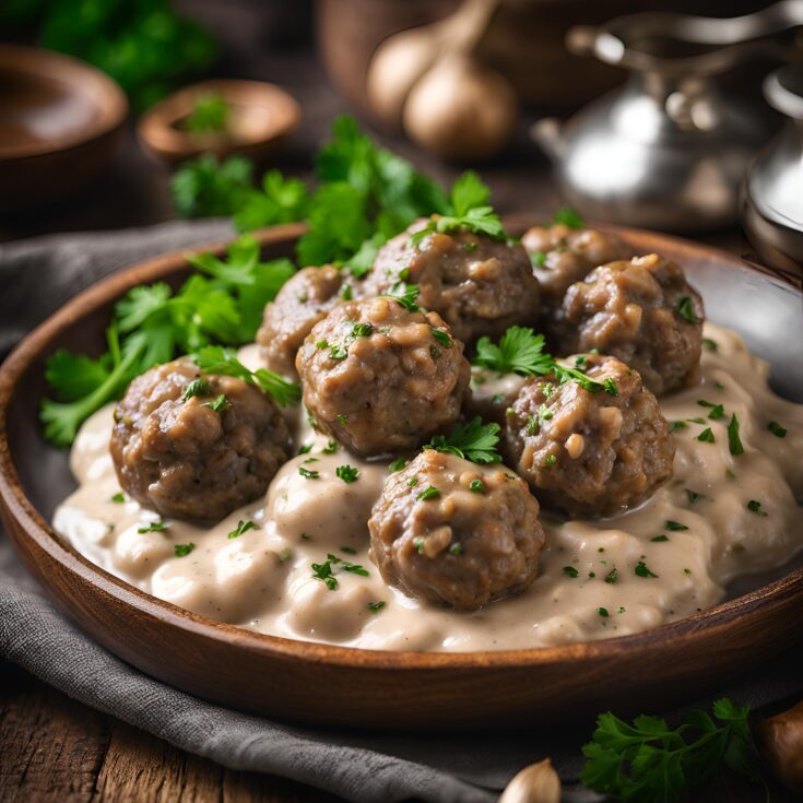 Beef Meatballs with Creamy Mushroom Sauce and Garlic Recipe