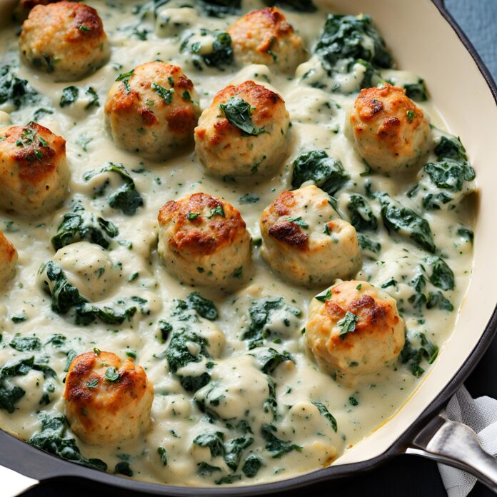 Chicken Ricotta Meatballs with Creamy Spinach Alfredo Sauce Recipe