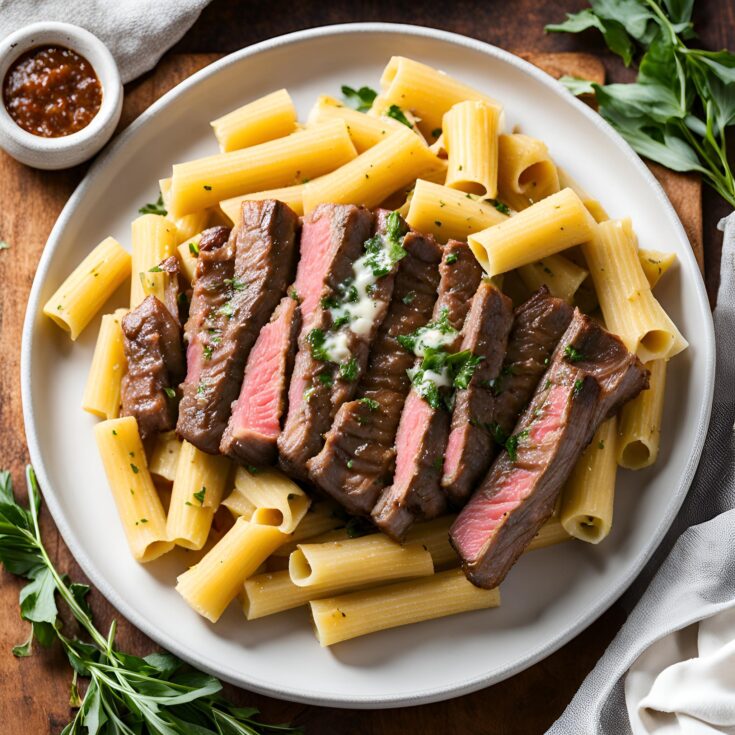 Garlic Butter Steak with Creamy Parmesan Rigatoni Recipe