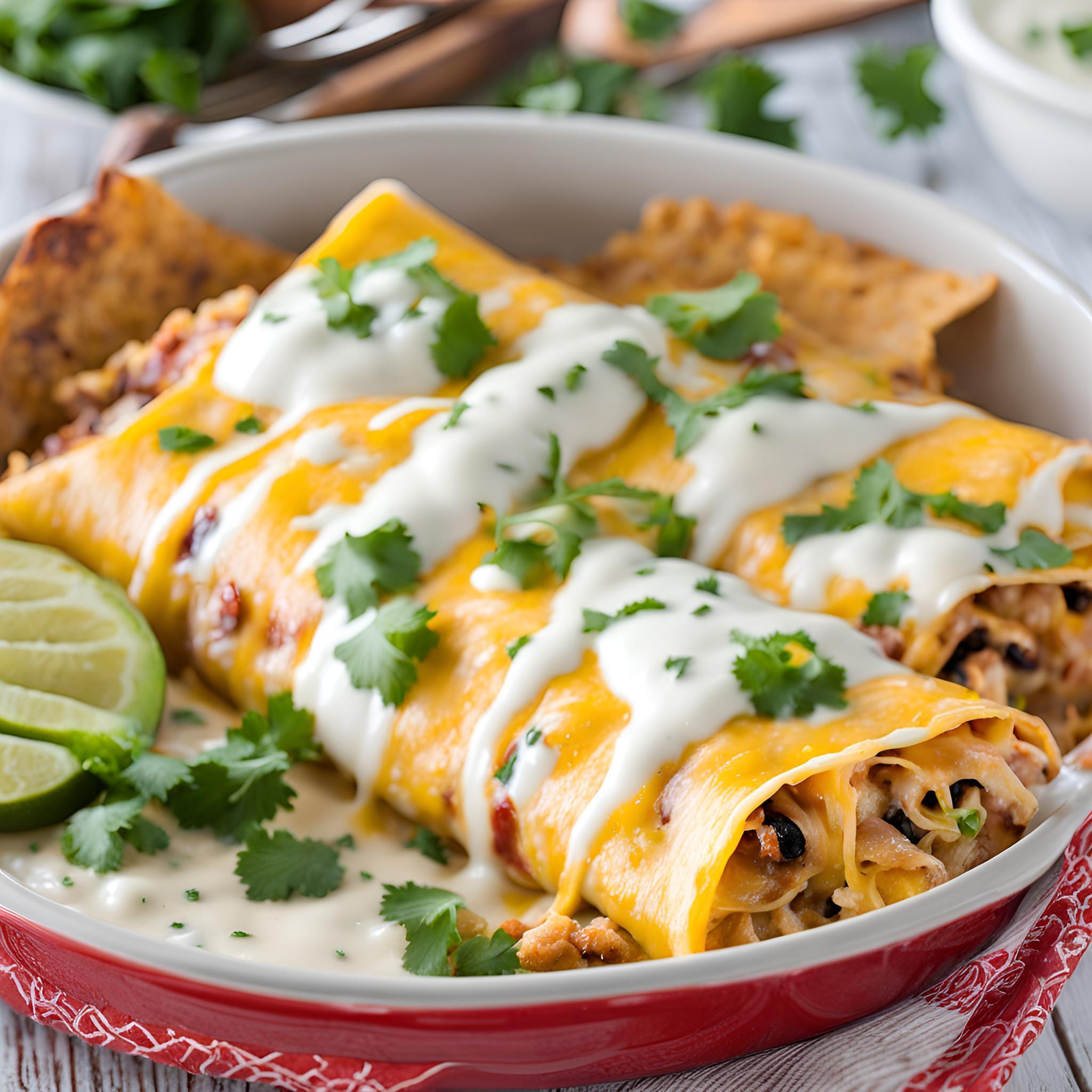 Shredded Chicken Enchiladas with Cheesy Sour Cream Sauce Recipe