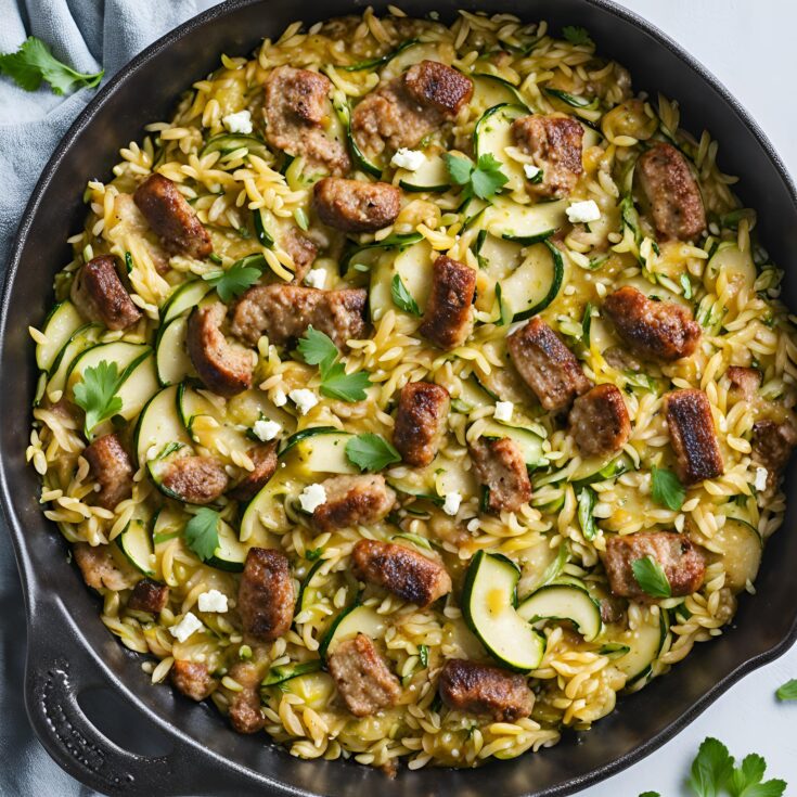 Zucchini and Sausage Baked Orzo with Hot Honey and Feta Recipe