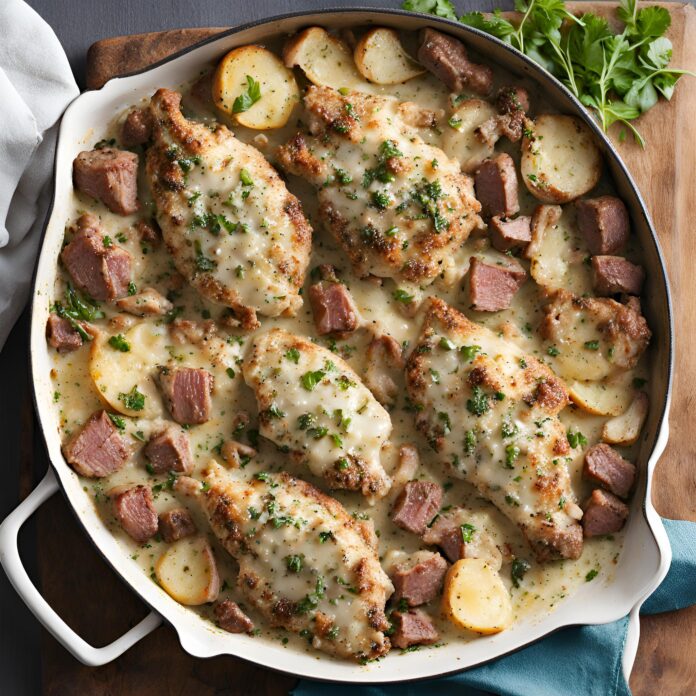 Garlic Parmesan Chicken and Steak Bake Recipe